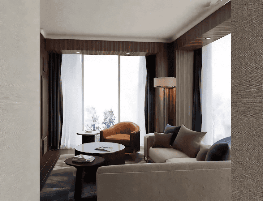 A modern living room with large windows, a beige sofa, two round coffee tables, an orange armchair, and a floor lamp, all set against wood-paneled walls and sheer curtains.