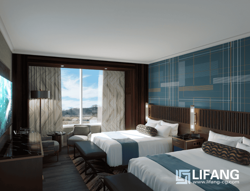 Modern hotel room with two double beds, a large window with a view, contemporary decor, a TV, seating area, and accent lighting.
