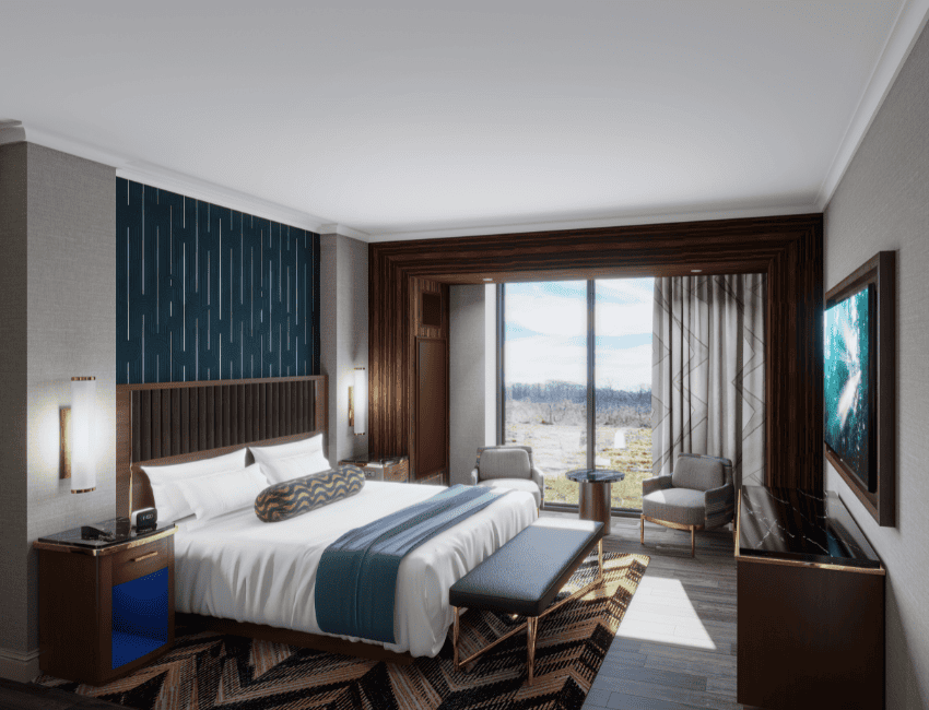 Modern hotel room with a king-sized bed, blue accents, large window with scenic view, two chairs, a bench, and framed wall artwork.