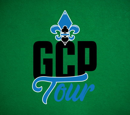 Logo with a blue fleur-de-lis above bold black “GCP” and blue cursive “Tour” on a green textured background.