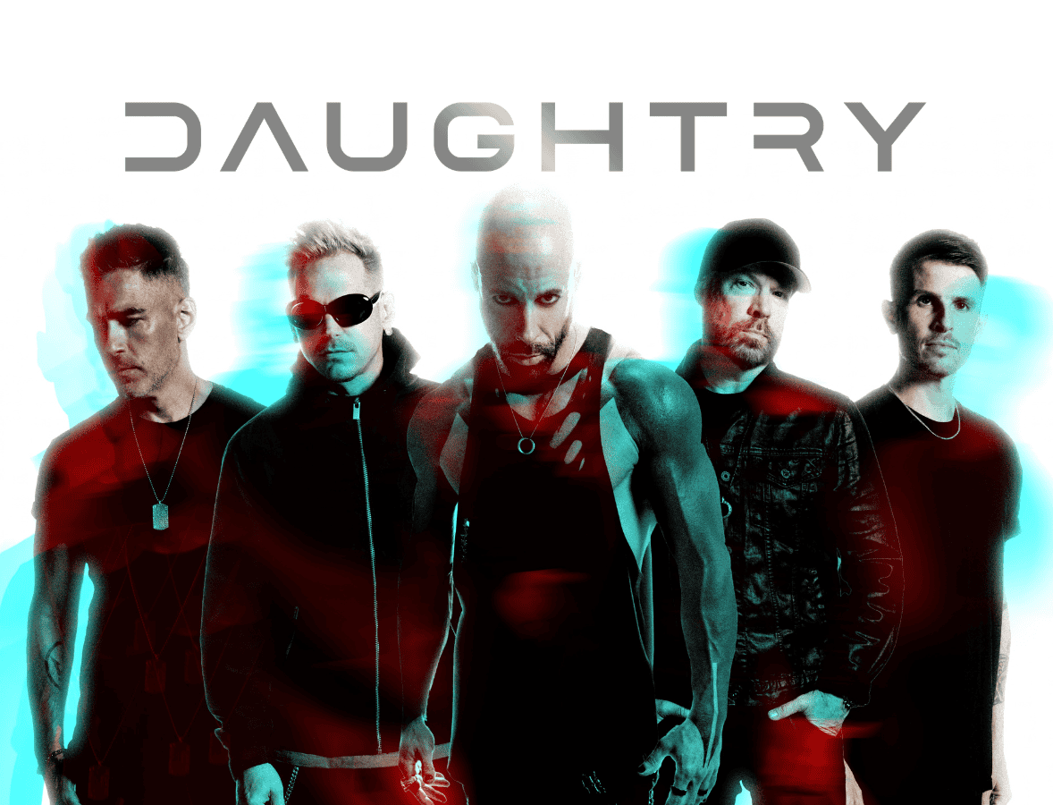 Five men stand in a row under the word “DAUGHTRY” in bold letters, with a blurred, red and blue color effect over the image.