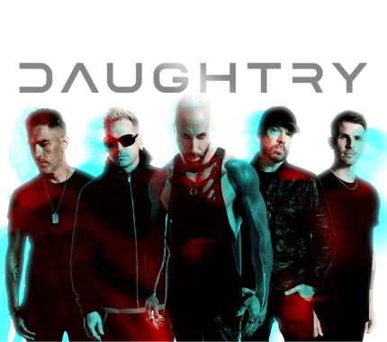 Five men with serious expressions stand in front of a white background with the word “DAUGHTRY” above them, enhanced by red and blue light effects.